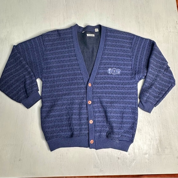 Koman Other - Vintage 80s/90s Koman Men’s Cardigan • Blue Textured Knit • Made in Korea • L